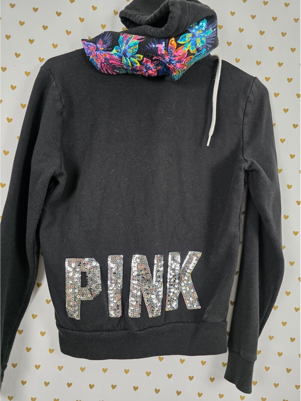 Victorias Secret Pink Bling Hibiscus Detail Hoodie Sequined Full zip Jacket XS